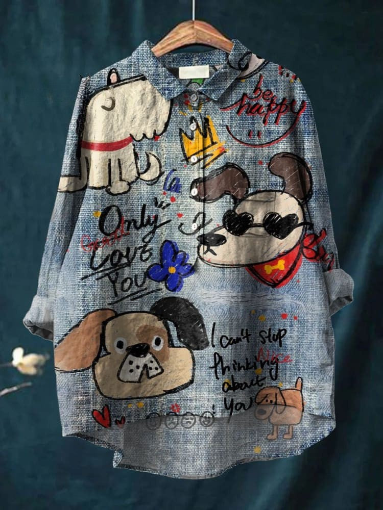 Impression d'Art de Chien Mignon Chemise Décontractée en Coton et Lin