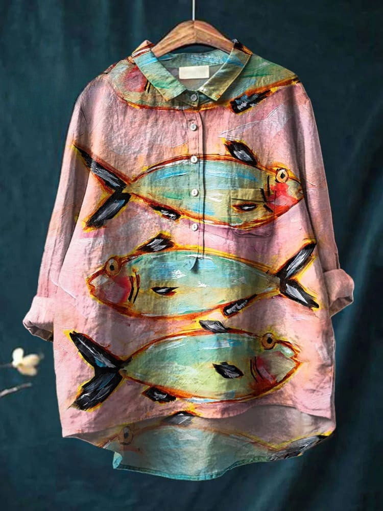 Chemise décontractée en coton et lin avec impression vintage de poisson pour femmes