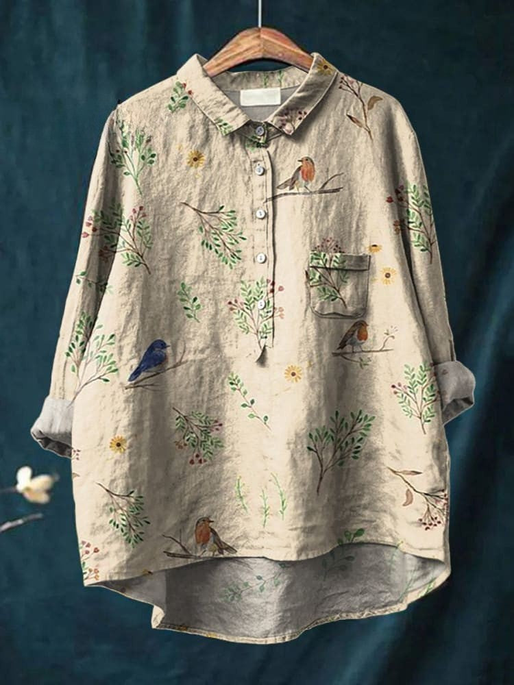 Chemise Décontractée en Coton et Lin Imprimée avec Motifs de Branches et d'Oiseaux Rouges-gorges