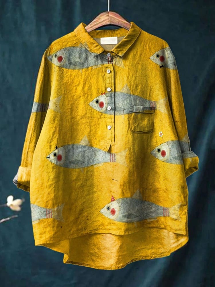 Chemise décontractée en coton et lin avec impression vintage de poisson pour femmes
