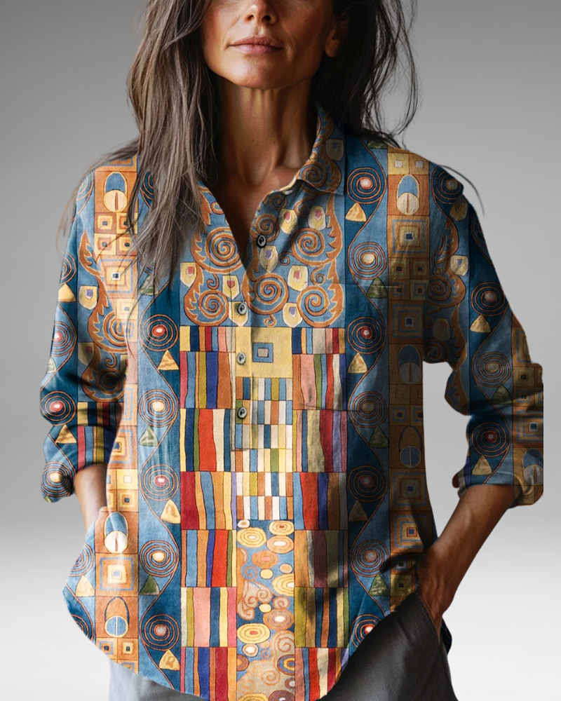 Angela - Chemise décontractée en coton et lin avec motif géométrique vintage