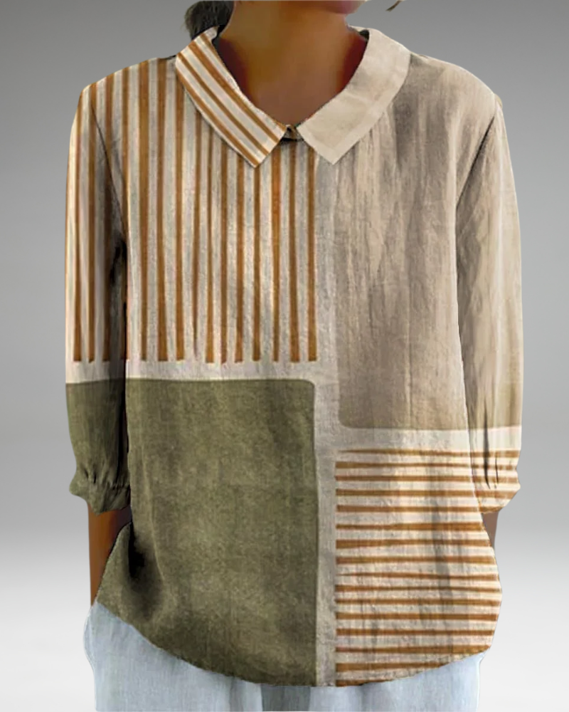 Charlee - Chemise décontractée en coton et lin avec motif géométrique vintage pour femmes, manches 3/4