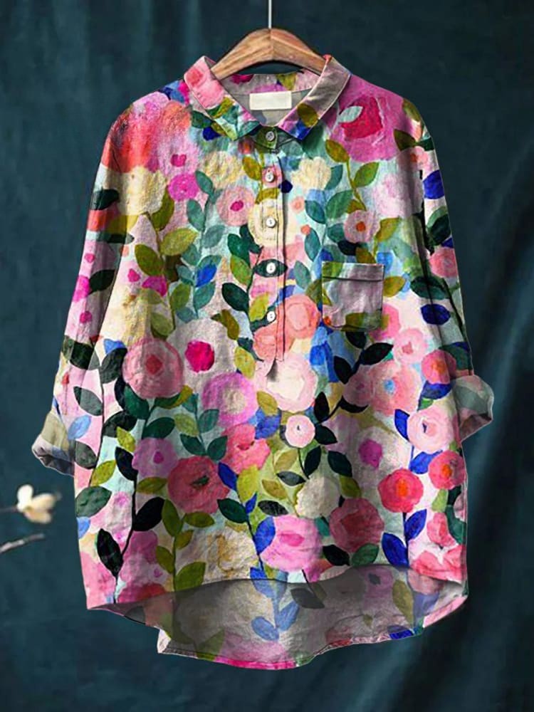 Chemise décontractée en coton et lin imprimée avec un jardin floral coloré pour femmes
