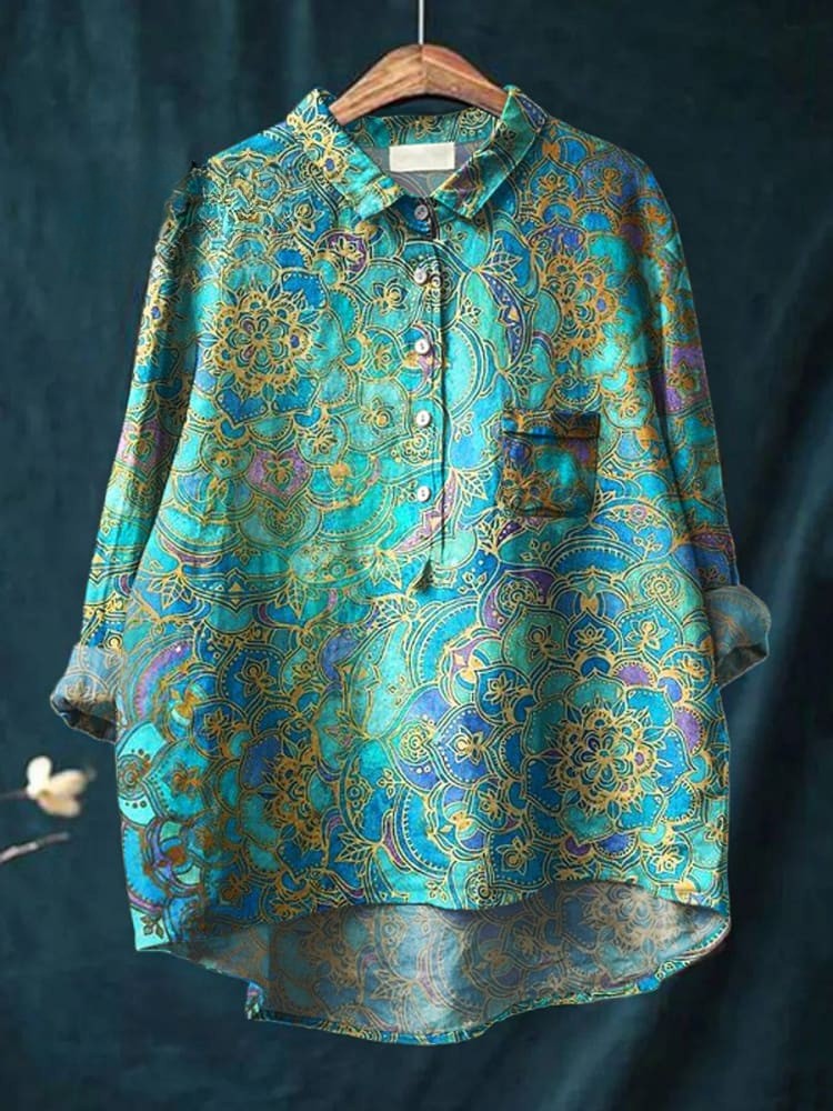 Chemise décontractée en coton et lin avec imprimé rétro pour femmes