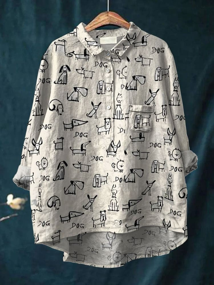 Chemise décontractée en coton et lin avec imprimé de chien mignon pour femmes
