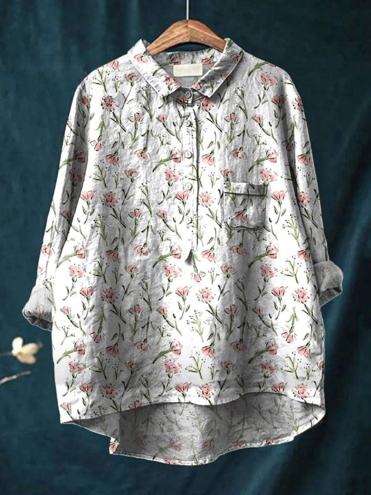 Chemise décontractée en coton et lin imprimée avec motif floral printanier rose