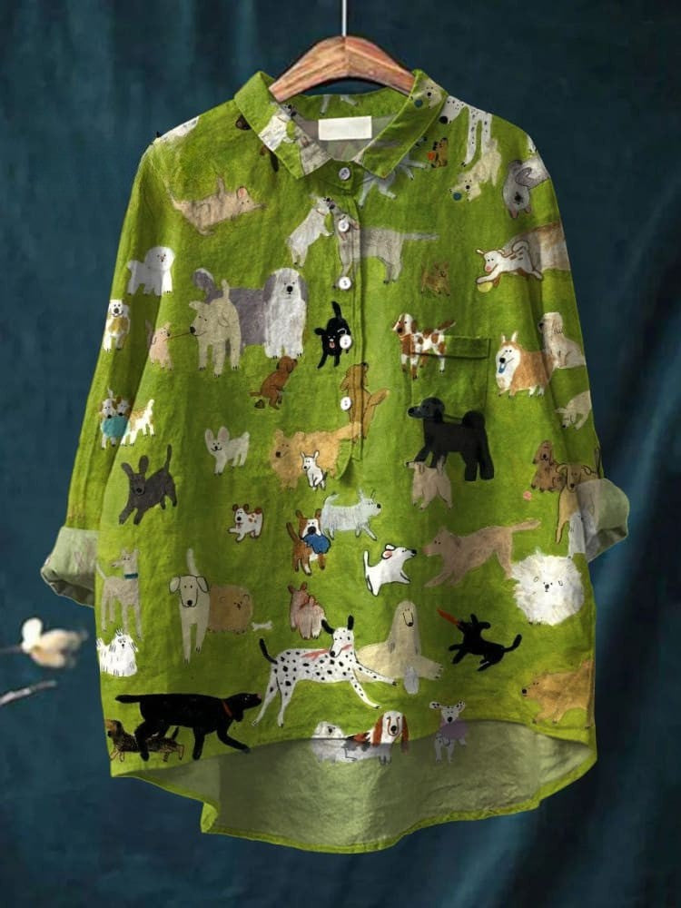 T-shirt décontracté en coton et lin avec imprimé de chien mignon pour femmes