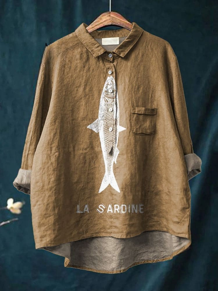 Chemise décontractée en coton et lin imprimée avec motif de sardine pour femmes