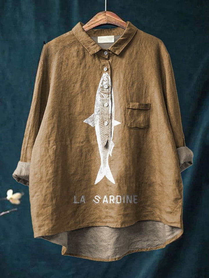 Chemise décontractée en coton et lin imprimée avec motif de sardine pour femmes