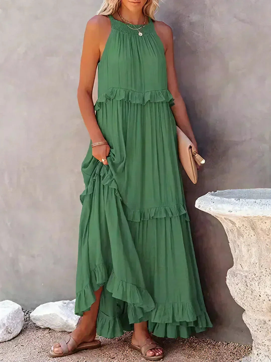 Emilia - Robe Maxi à Volants avec Col Halter