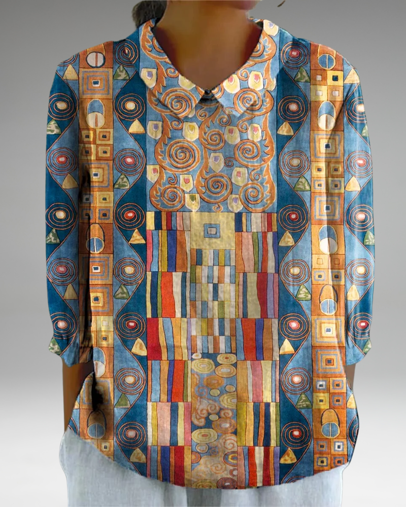 Cara - Chemise décontractée en coton et lin avec imprimé géométrique abstrait pour femmes à manches 3/4