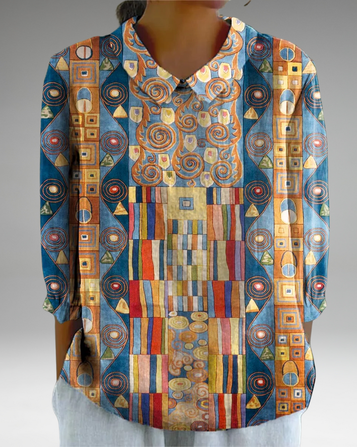 Cara - Chemise décontractée en coton et lin avec imprimé géométrique abstrait pour femmes à manches 3/4