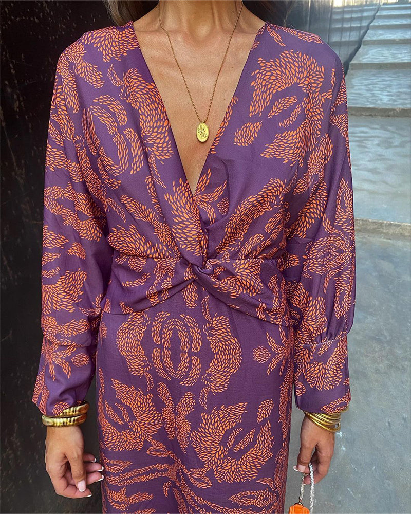 Janella - Robe Midi Vintage Drapée à Manches Longues