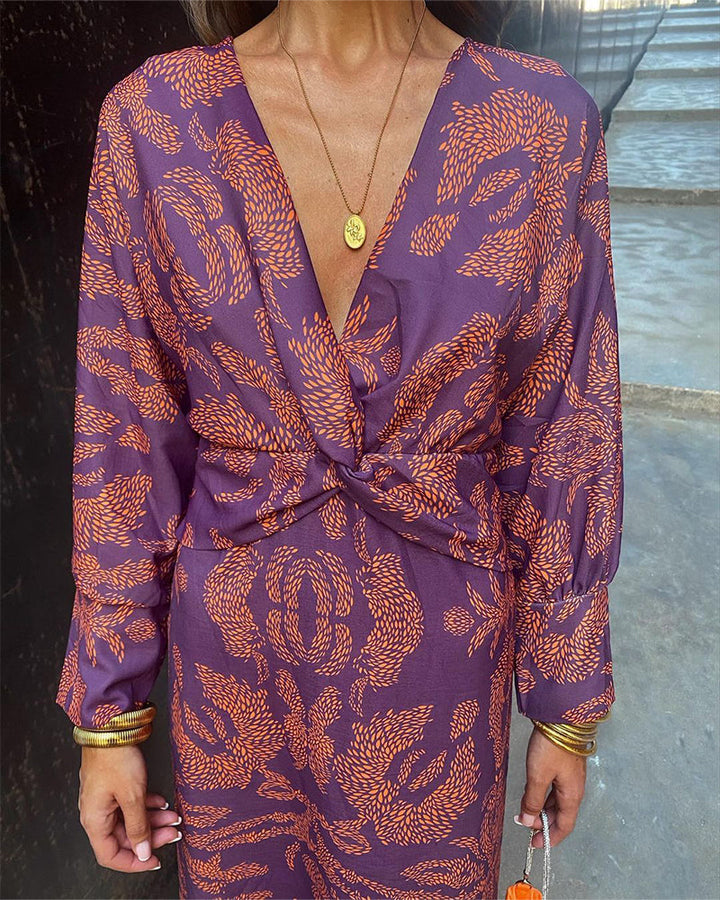 Janella - Robe Midi Vintage Drapée à Manches Longues