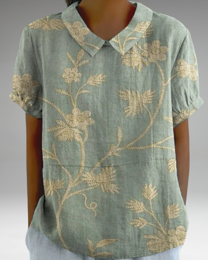 Bernadette - Chemise décontractée en coton et lin avec imprimé floral rétro pour femmes