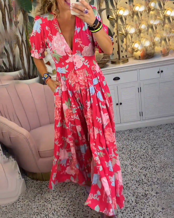 Catrisa™ - Robe à poches avec imprimé floral et décolleté en V