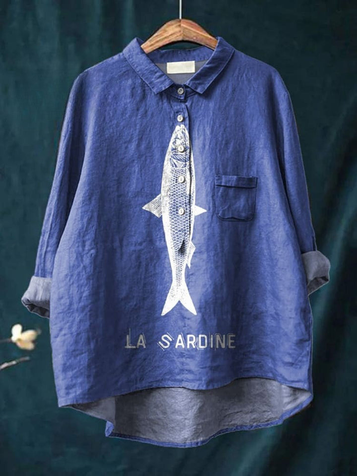 Chemise décontractée en coton et lin imprimée avec motif de sardine pour femmes
