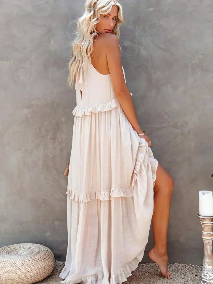 Emilia - Robe Maxi à Volants avec Col Halter