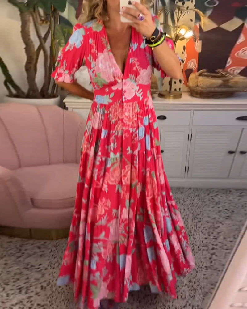 Catrisa™ - Robe à poches avec imprimé floral et décolleté en V
