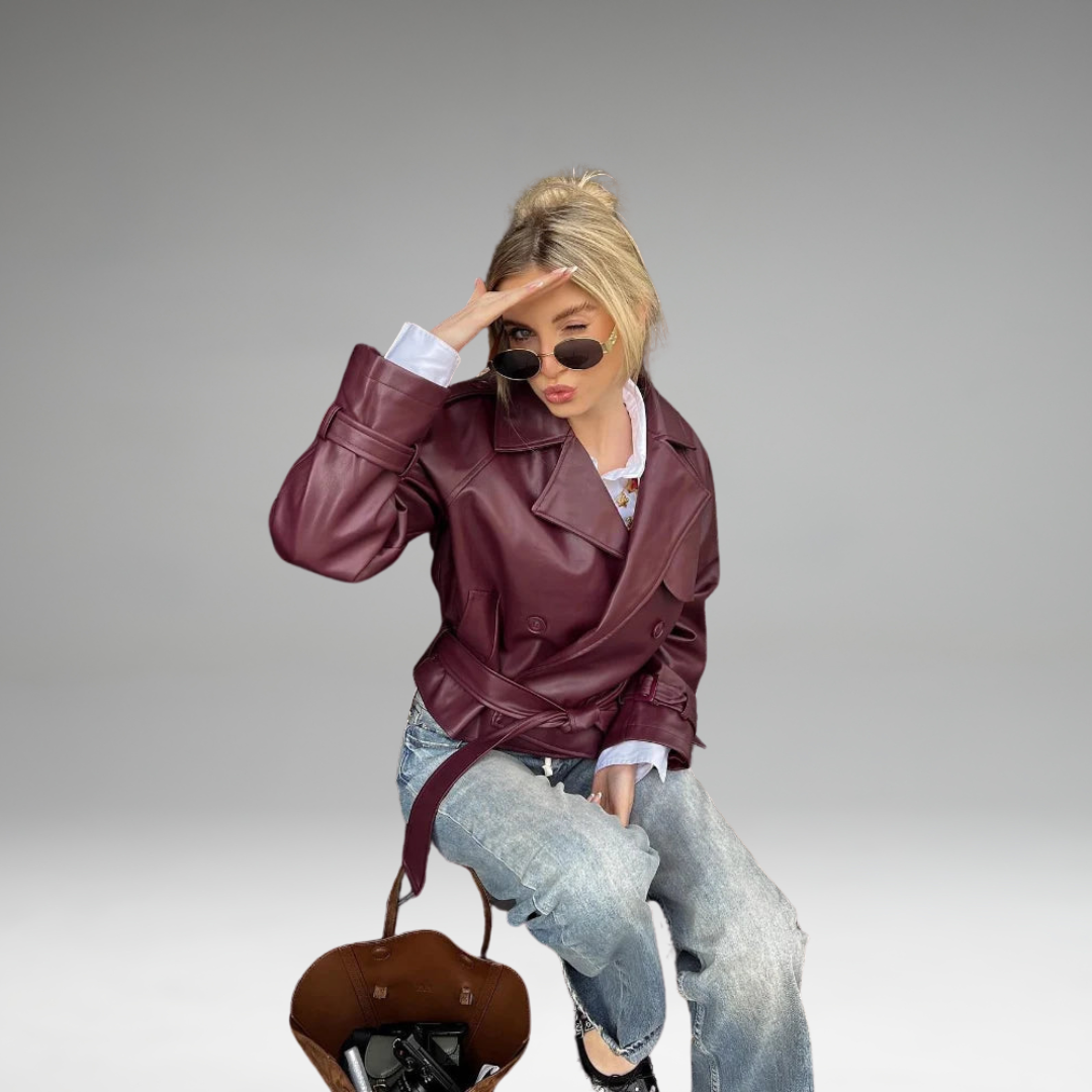 Ailira - Veste en Cuir Ceinturée Droite