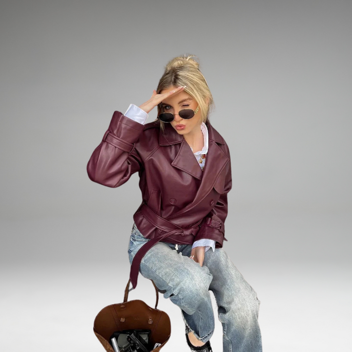Ailira - Veste en Cuir Ceinturée Droite