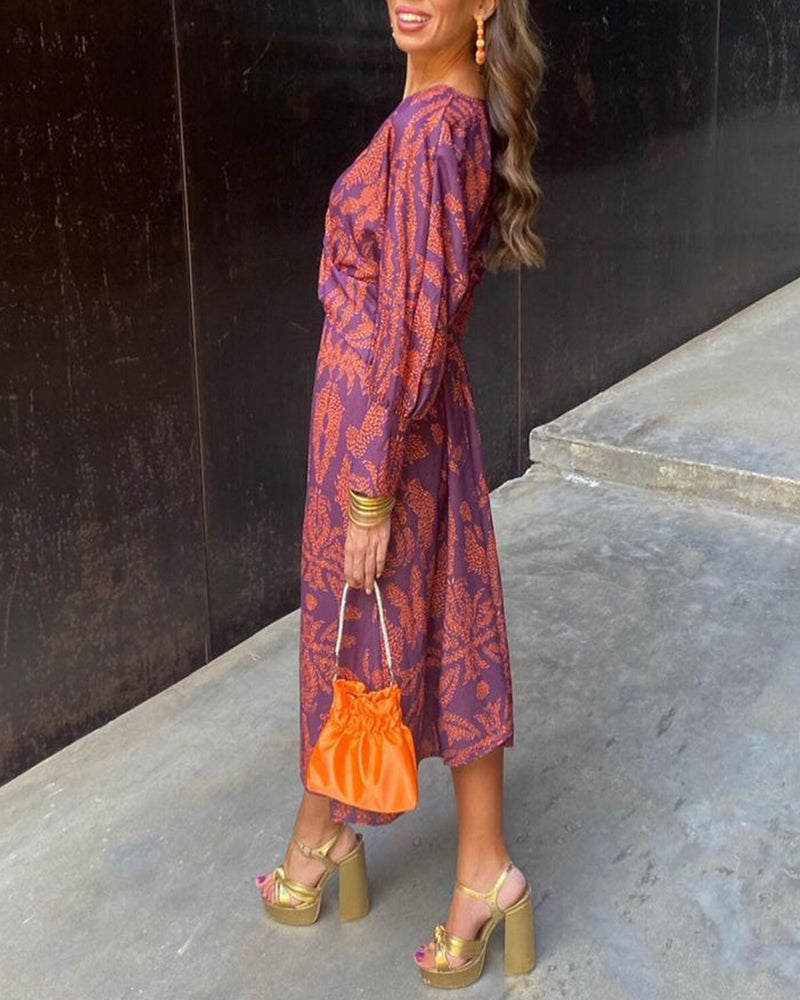 Janella - Robe Midi Vintage Drapée à Manches Longues