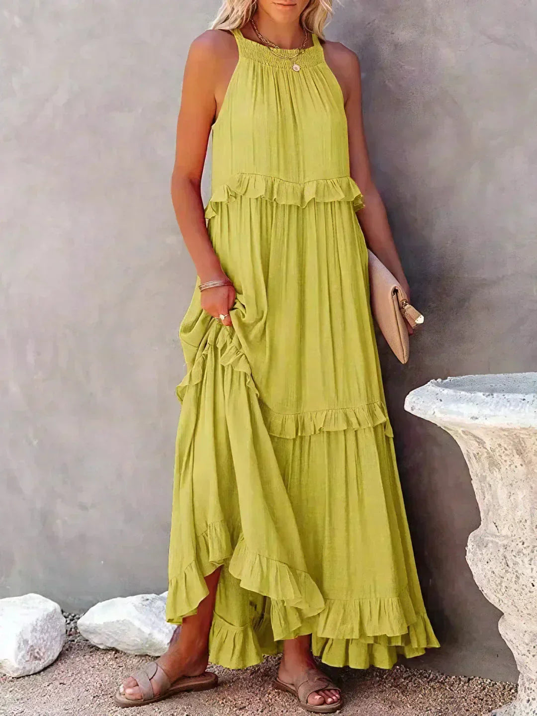 Emilia - Robe Maxi à Volants avec Col Halter
