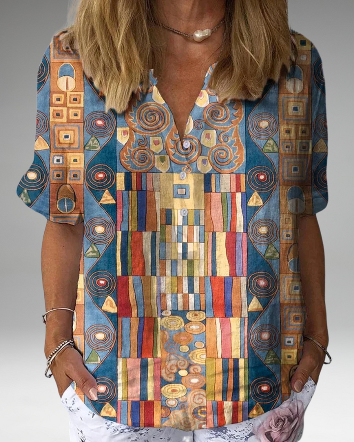 Cara - Chemise décontractée en coton et lin avec imprimé géométrique abstrait pour femmes à manches 3/4