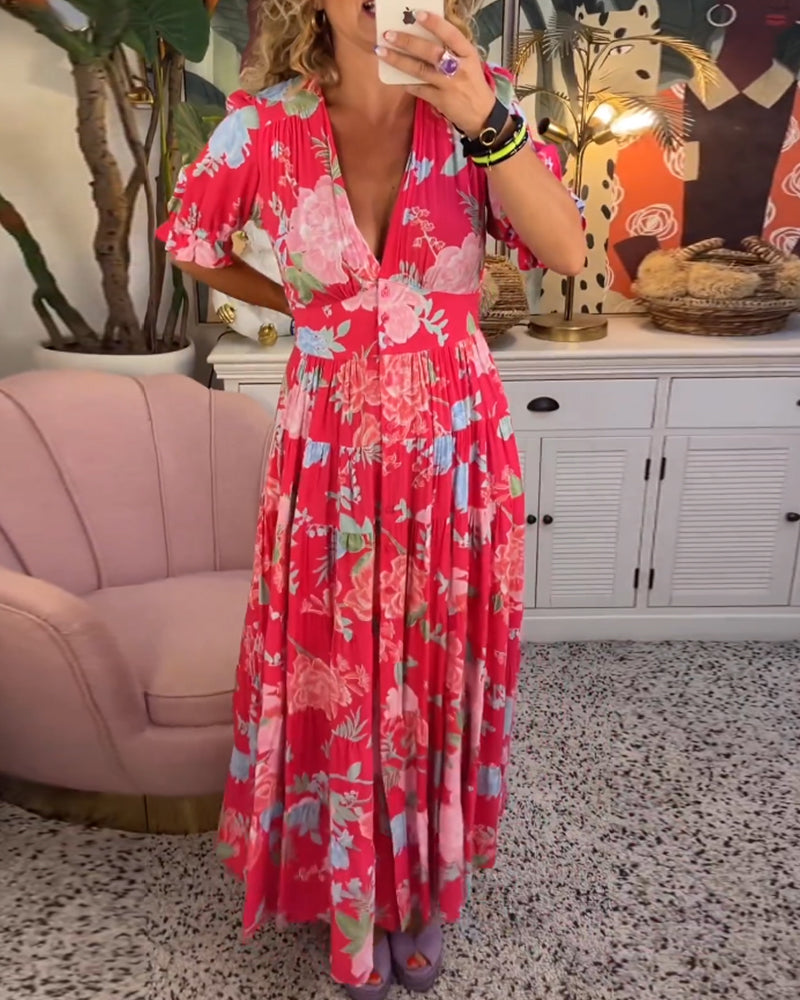 Catrisa™ - Robe à poches avec imprimé floral et décolleté en V