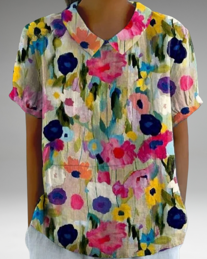 Bernadette - Chemise décontractée en coton et lin avec imprimé floral rétro pour femmes