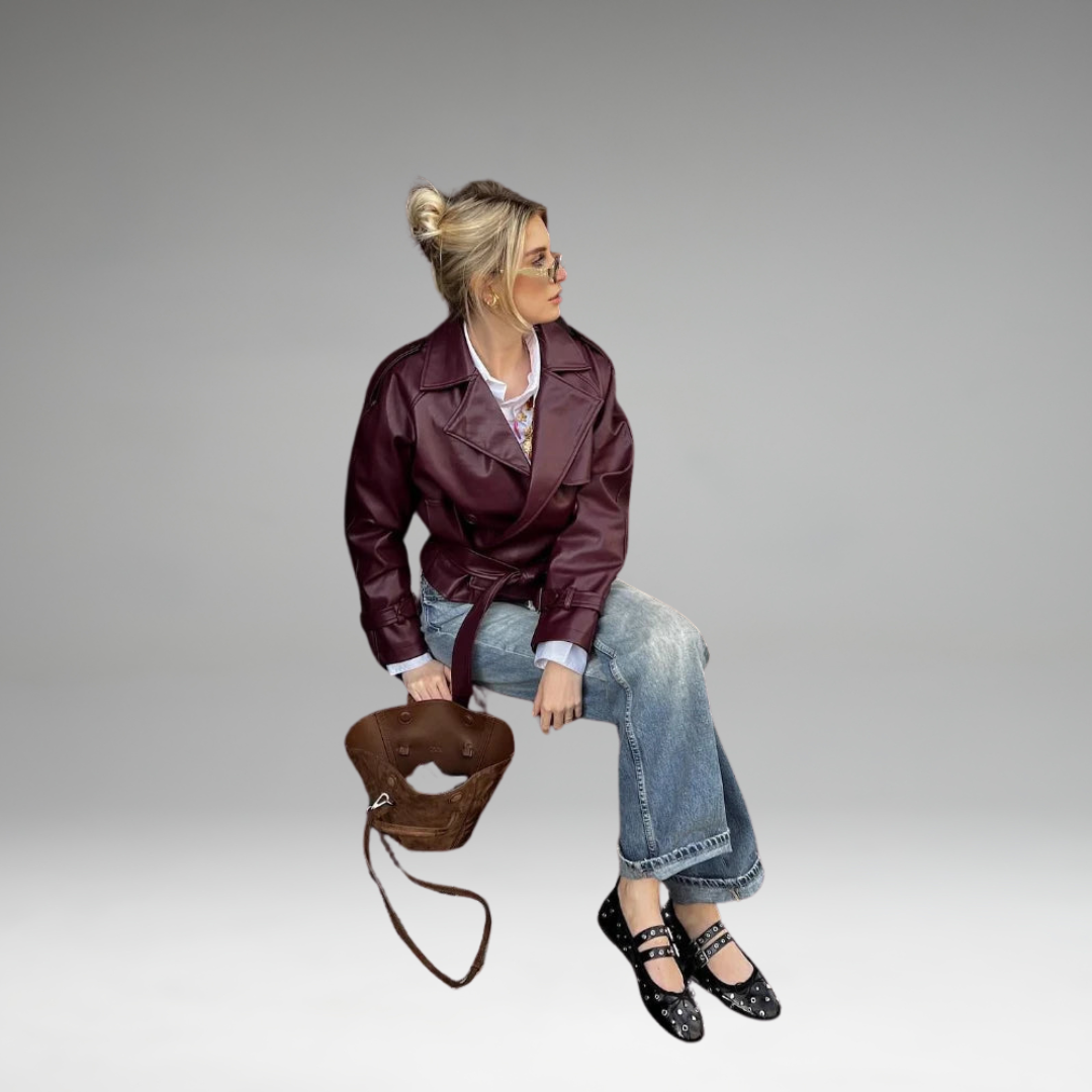 Ailira - Veste en Cuir Ceinturée Droite