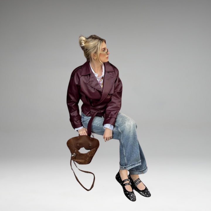 Ailira - Veste en Cuir Ceinturée Droite