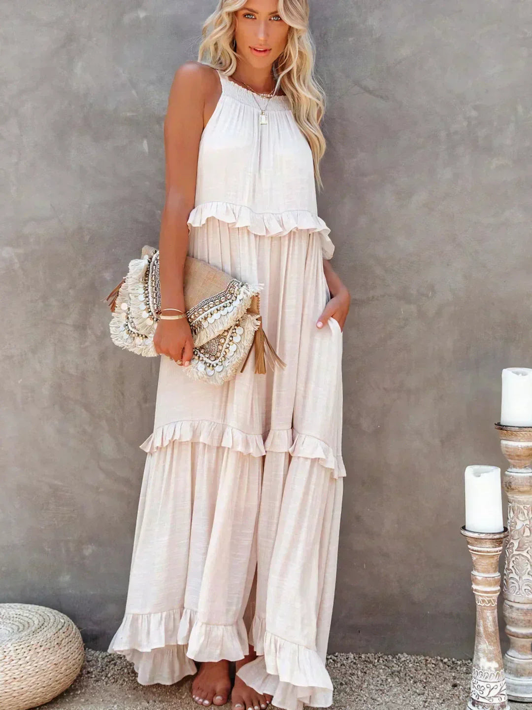 Emilia - Robe Maxi à Volants avec Col Halter