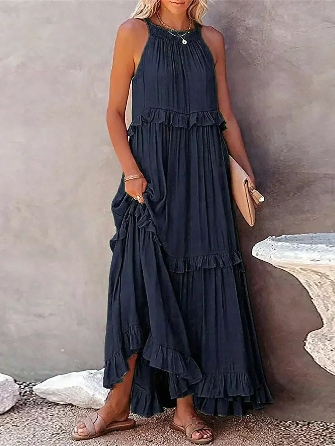 Emilia - Robe Maxi à Volants avec Col Halter