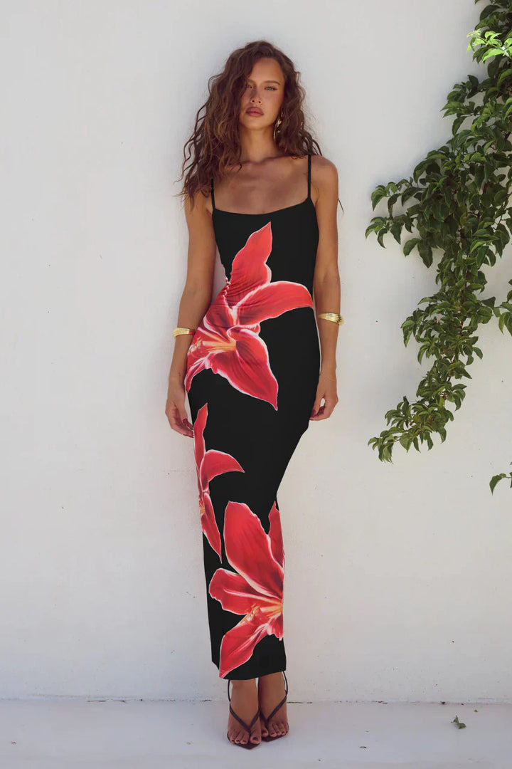 Athena - Robe Imprimée Fleurs avec Fente au Dos