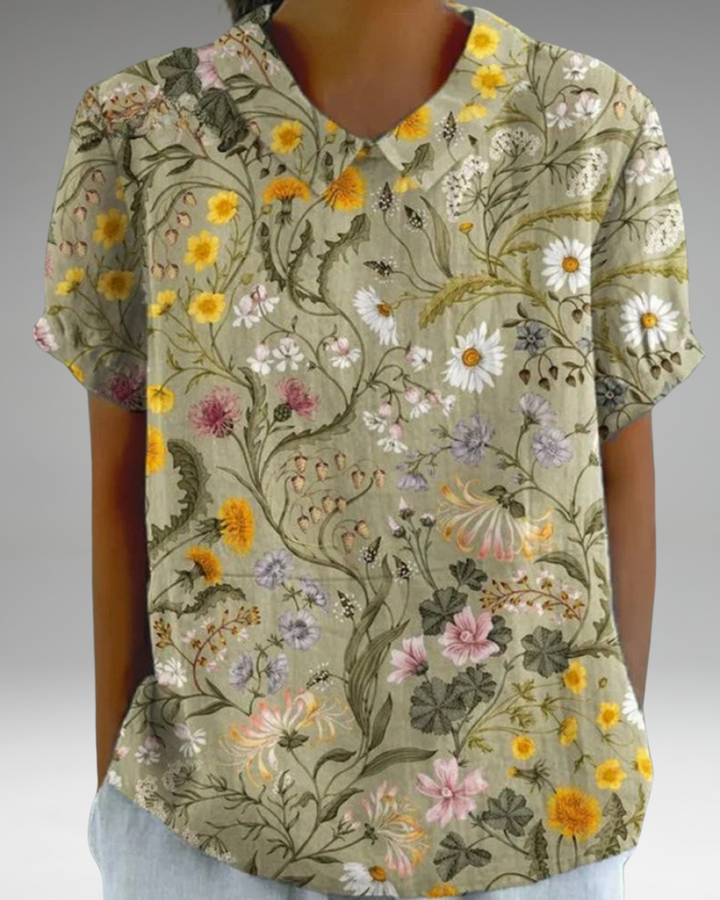 Bernadette - Chemise décontractée en coton et lin avec imprimé floral rétro pour femmes