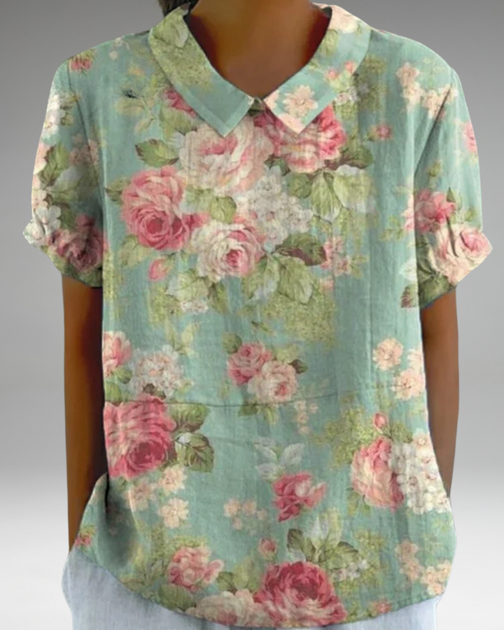 Bernadette - Chemise décontractée en coton et lin avec imprimé floral rétro pour femmes