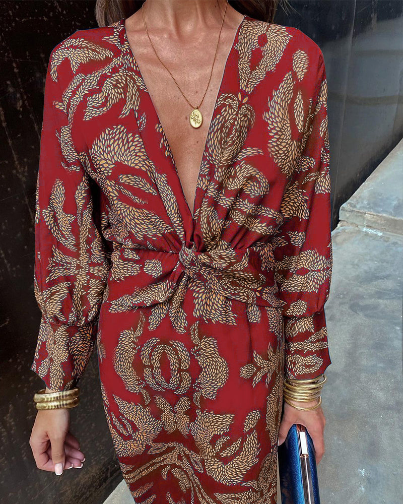 Janella - Robe Midi Vintage Drapée à Manches Longues