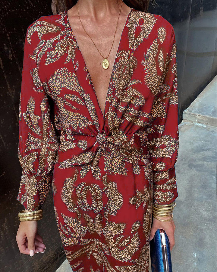 Janella - Robe Midi Vintage Drapée à Manches Longues