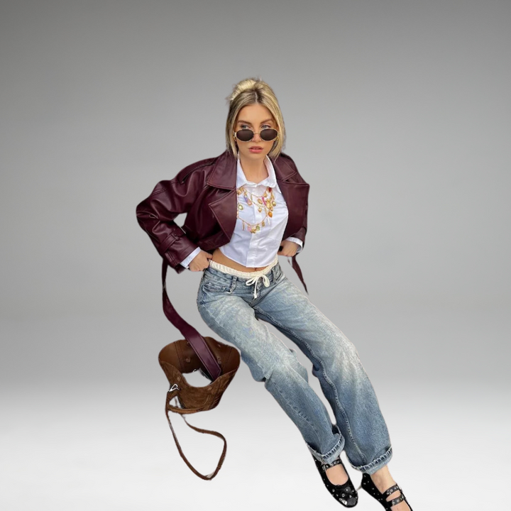 Ailira - Veste en Cuir Ceinturée Droite