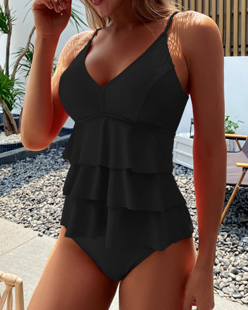 Leta – Maillot de Bain Uni avec Volants Décoratifs