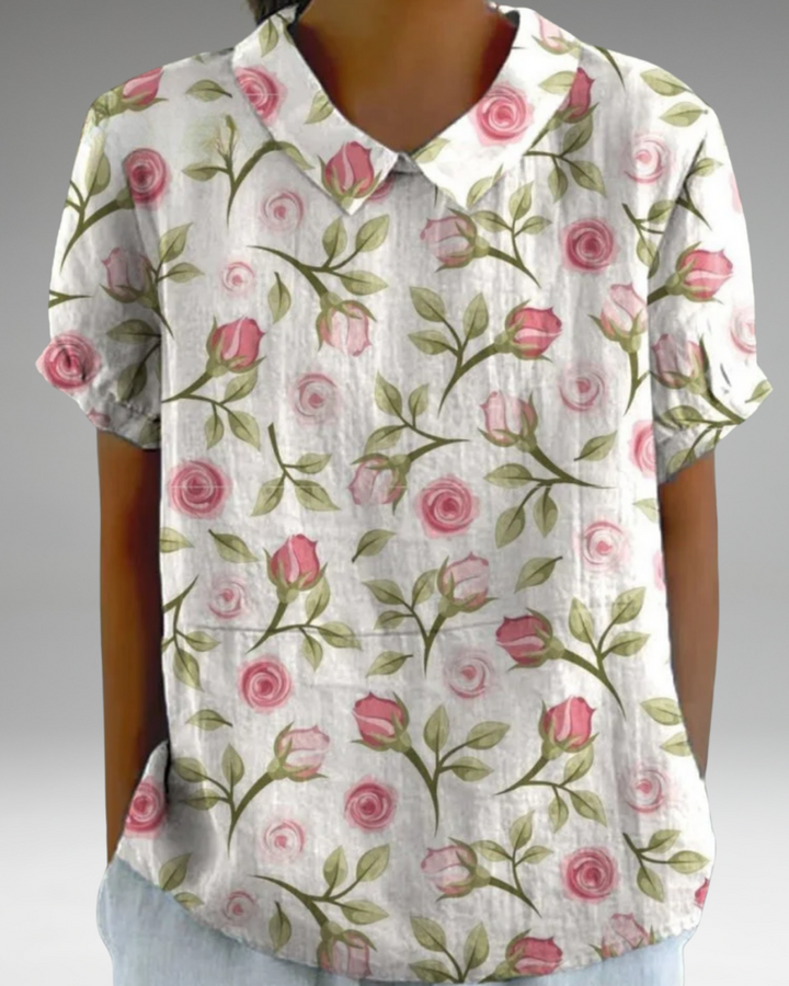 Bernadette - Chemise décontractée en coton et lin avec imprimé floral rétro pour femmes