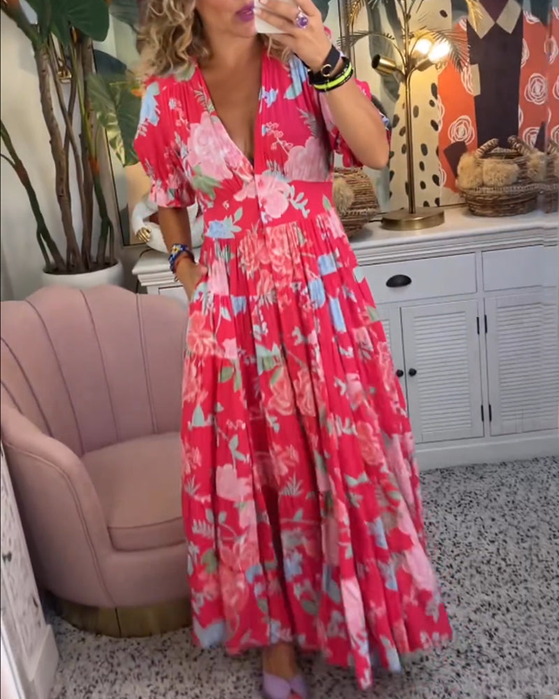 Catrisa™ - Robe à poches avec imprimé floral et décolleté en V