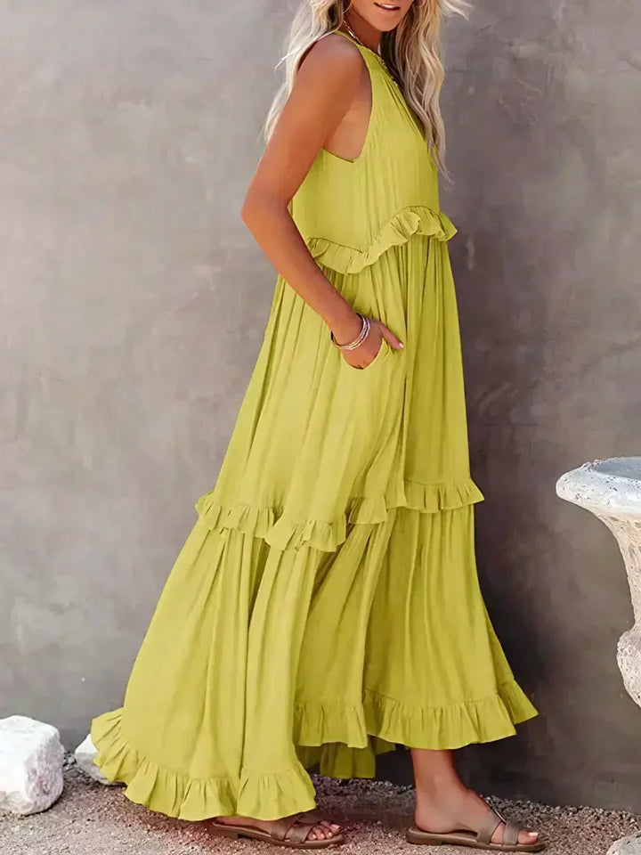 Emilia - Robe Maxi à Volants avec Col Halter