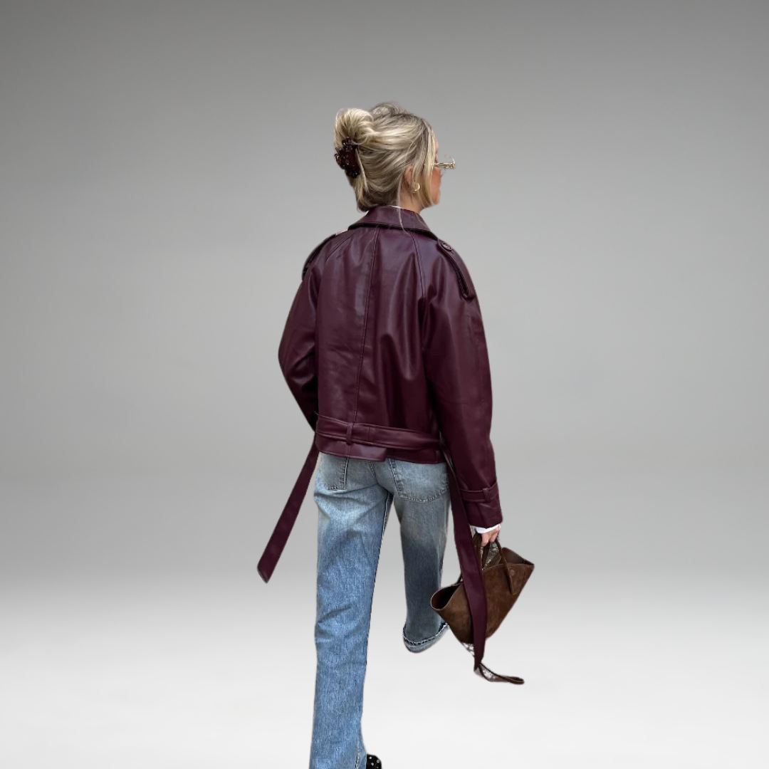 Ailira - Veste en Cuir Ceinturée Droite