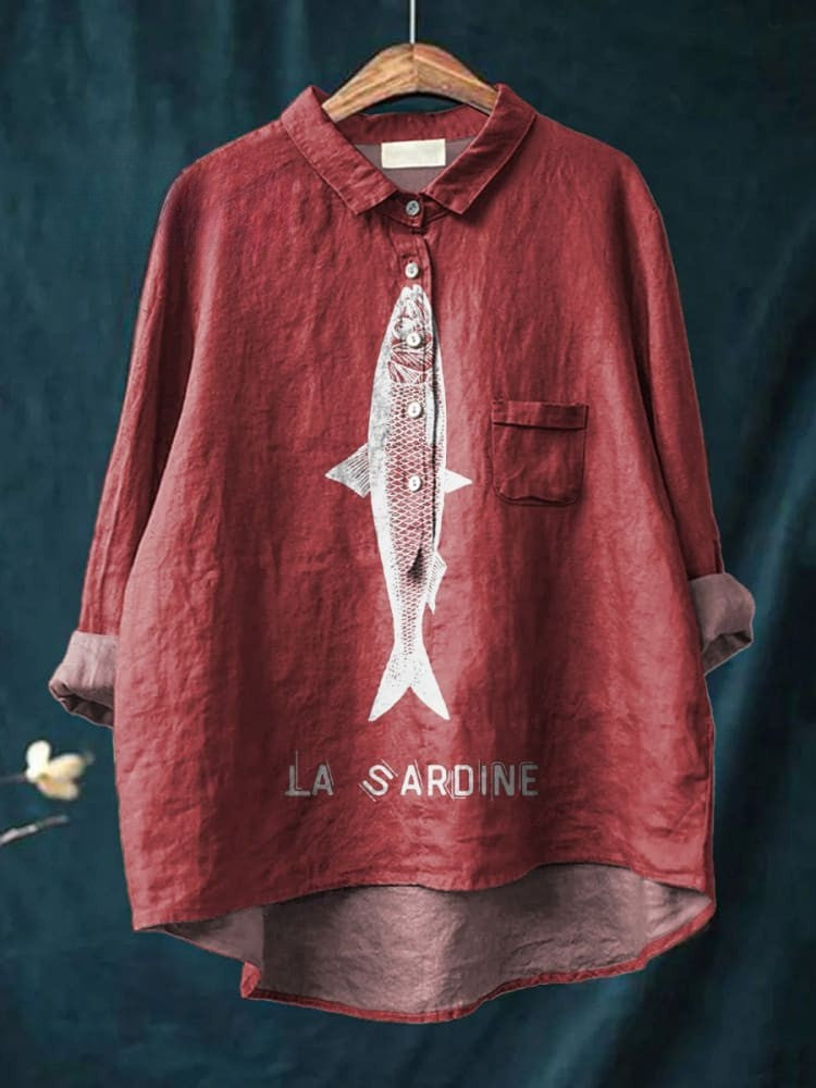 Chemise décontractée en coton et lin imprimée avec motif de sardine pour femmes