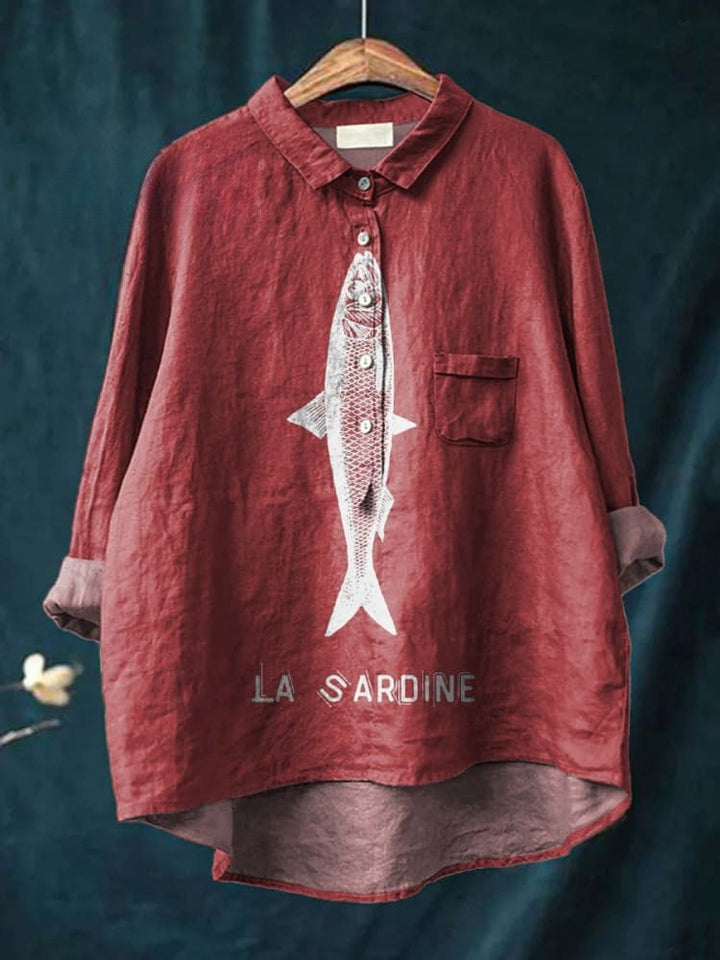 Chemise décontractée en coton et lin imprimée avec motif de sardine pour femmes
