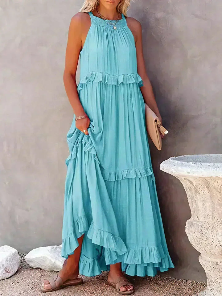Emilia - Robe Maxi à Volants avec Col Halter