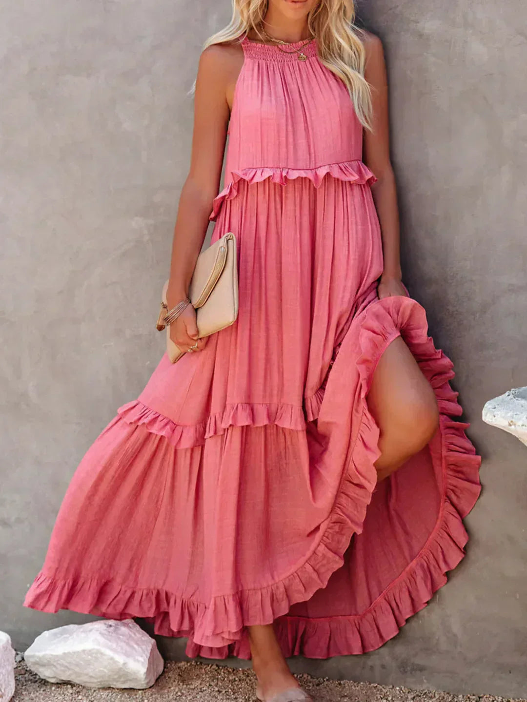 Emilia - Robe Maxi à Volants avec Col Halter