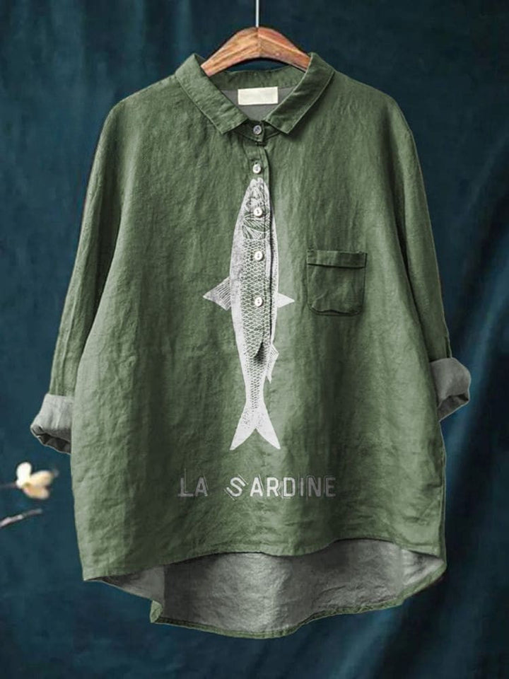 Chemise décontractée en coton et lin imprimée avec motif de sardine pour femmes